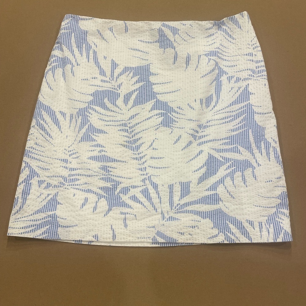 Talbots Tropical White and Blue Leaf Print Skirt 100% Cotton Seersucker Size 12